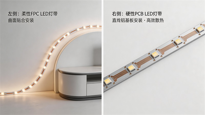 jimeng-2026-03-18-7246-3D产品展示图，一张图片中间隔开，分左右两部分。左侧柔性FPC LED灯带弯曲贴....JPG
