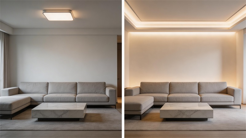 jimeng-2026-03-23-5110-一张图分成左右两部分形成对比画面,中间用白线隔开,左侧为没有灯带的客厅空间,仅有....JPG jimeng-2026-03-23-5110-一张图分成左右两部分形成对比画面,中间用白线隔开,左侧为没有灯带的客厅空间,仅有....JPG