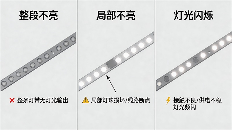 jimeng-2026-04-03-4797-LED灯带故障示意图，一张图分成左中右三个均匀的部分，分别展示整段不亮、局部不亮....JPG