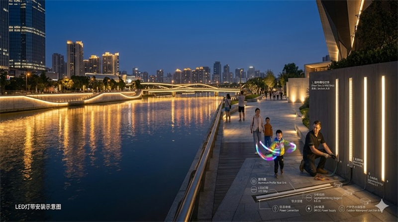 城市河岸步道夜景全景 城市河岸步道夜景全景