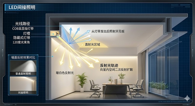LED灯带间接照明原理剖面示意图 LED灯带间接照明原理剖面示意图