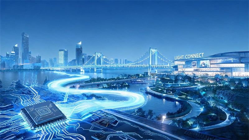 jimeng-2026-07-02-1817-一条发光的LED灯带从微小芯片延伸至城市建筑、桥梁、商业综合体和景观空间，形成连....JPG