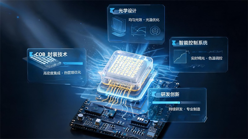 jimeng-2026-07-13-7554-技术创新型概念图，LED芯片、PCB电路、COB封装、智能控制系统、光学设计元素....JPG