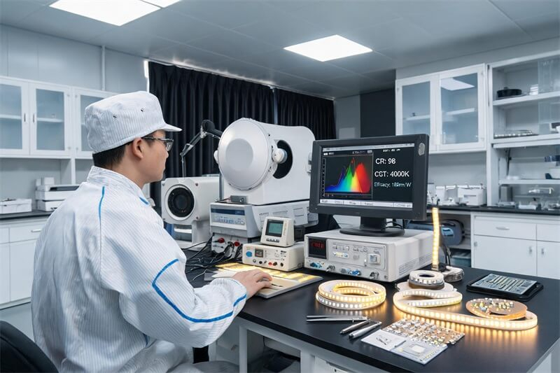 jimeng-2026-08-12-1738-主画面：现代化 LED 照明研发中心封闭式光学研发实验室内部实景，核心视觉为一位...