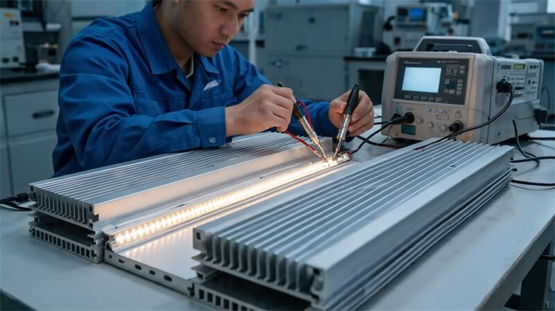 jimeng-2026-08-13-4235-LED灯带工程测试实验室实景，一名工程师使用专业仪器测试COB灯带的输入电压、电...