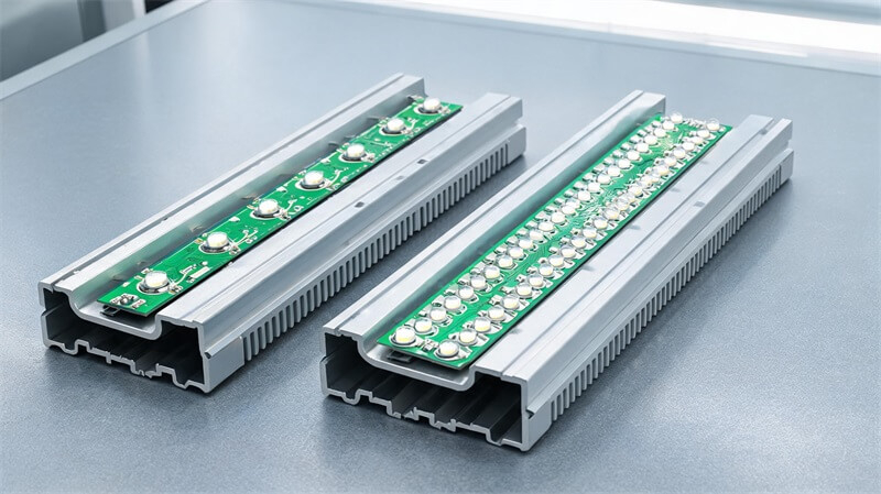 jimeng-2026-09-24-7682-8K超写实LED灯带产品测试场景，两种不同灯珠密度的LED灯带并排安装在铝型材中...