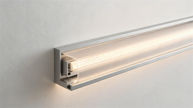 jimeng-2026-09-24-1517-8K超写实高密度COB LED灯带安装在现代商业空间浅型铝型材灯槽内，展示密集芯...