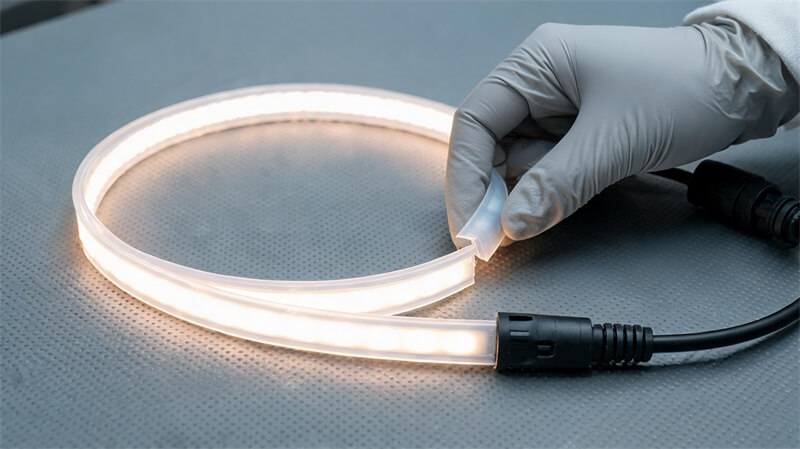 jimeng-2026-10-13-7137-8K 超写实 IP67 防水 COB LED 灯带近景摄影。专业工作台上展示柔性...
