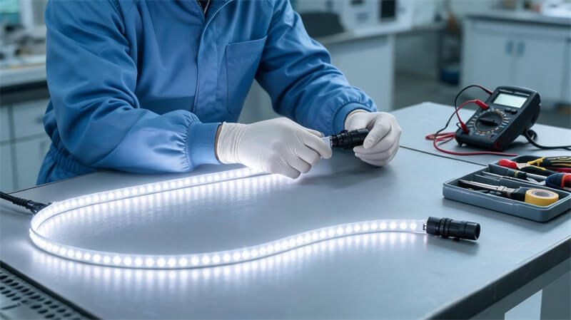 jimeng-2026-10-13-2846-8K 超写实 LED 灯带质量检查场景。技术人员在检测工作台上检查已点亮的 IP...