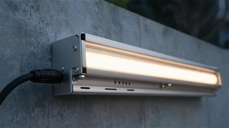 jimeng-2026-10-13-1574-8K 超写实户外景观照明工程摄影。IP67 LED 灯带固定在金属铝型材灯槽内部...